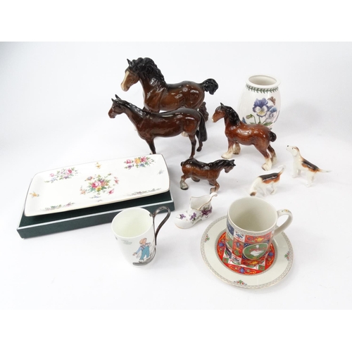 217 - Assorted china and glassware including boxed Royal Doulton crystal, Beswick horses, Portmeirion vase... 