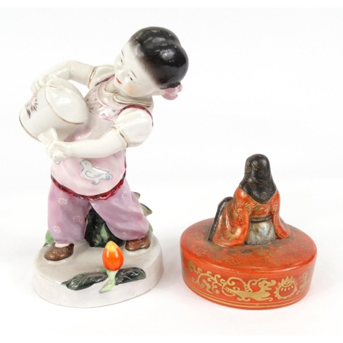155 - Oriental porcelain figure of a young girl with a watering can and a Satsuma figural lid