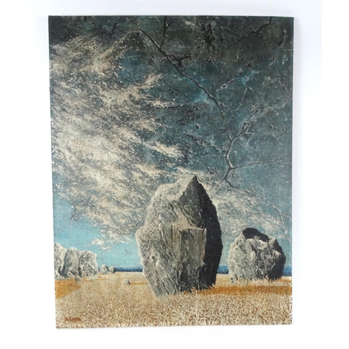 39 - Oil onto canvas view of rocks in a field, indistinctly signed, 92cm x 71cm