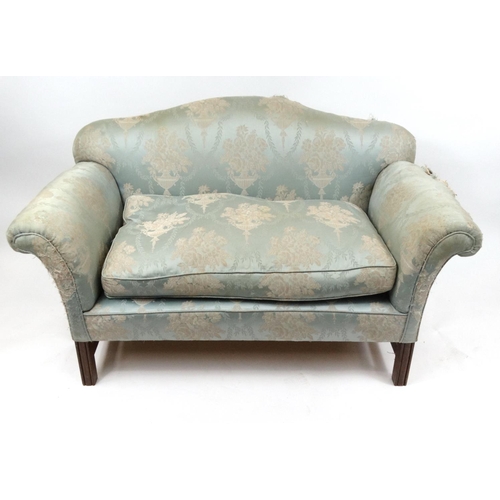 101 - Victorian mahogany framed two seater settee with classical turquoise and gold upholstery