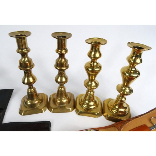 186 - Box of assorted metalwares including brass candlesticks, silver plated candelabras, vanity sets, cut... 