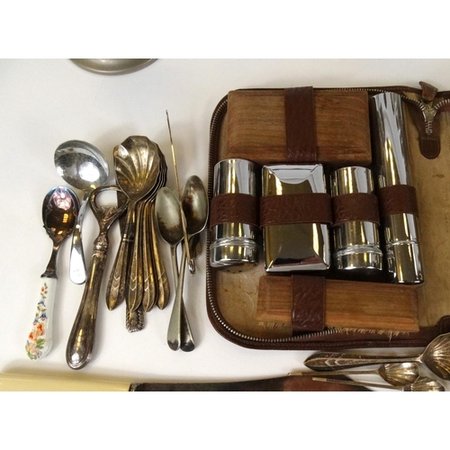 186 - Box of assorted metalwares including brass candlesticks, silver plated candelabras, vanity sets, cut... 