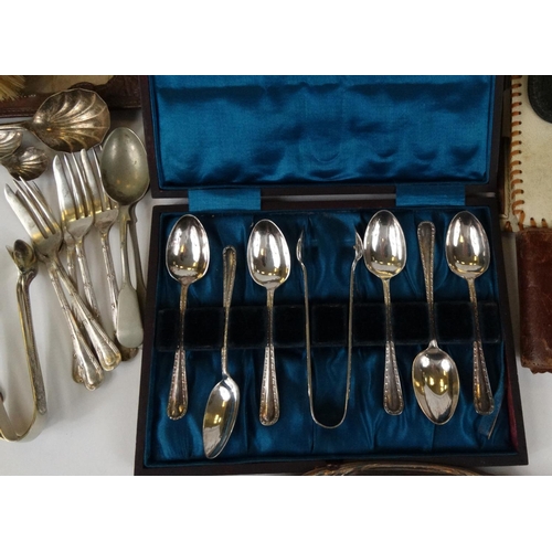 186 - Box of assorted metalwares including brass candlesticks, silver plated candelabras, vanity sets, cut... 