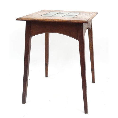 55 - Square oak Arts and Crafts occasional table with green tiled top, 62cm high x 45cm square