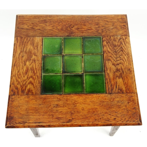 55 - Square oak Arts and Crafts occasional table with green tiled top, 62cm high x 45cm square