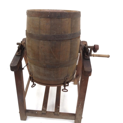 58 - Vintage R.A. Lister & Co Ltd metal banded oak milk churn on stand, 125cm high