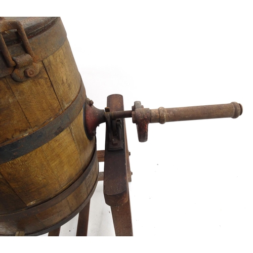 58 - Vintage R.A. Lister & Co Ltd metal banded oak milk churn on stand, 125cm high