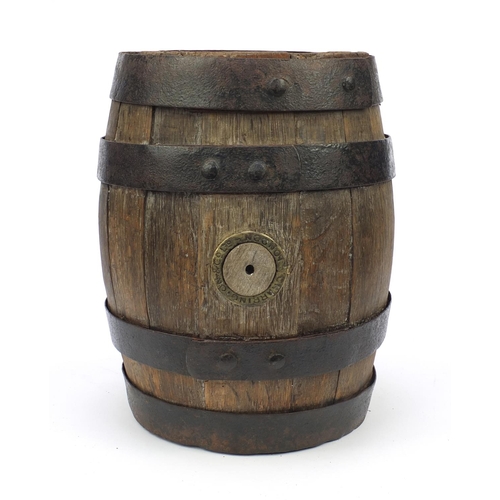 59 - Metal bound oak barrel advertising Charringtons of London, 42cm high