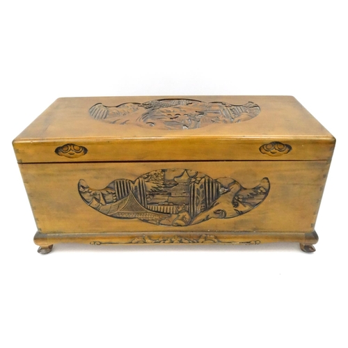 40 - Chinese carved camphor wood chest, 40cm high x 87cm wide x 40cm deep