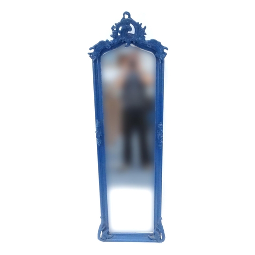 51A - Ornate full length bevel edged mirror with blue painted frame, 173cm high