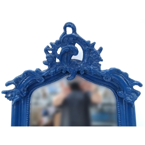 51A - Ornate full length bevel edged mirror with blue painted frame, 173cm high