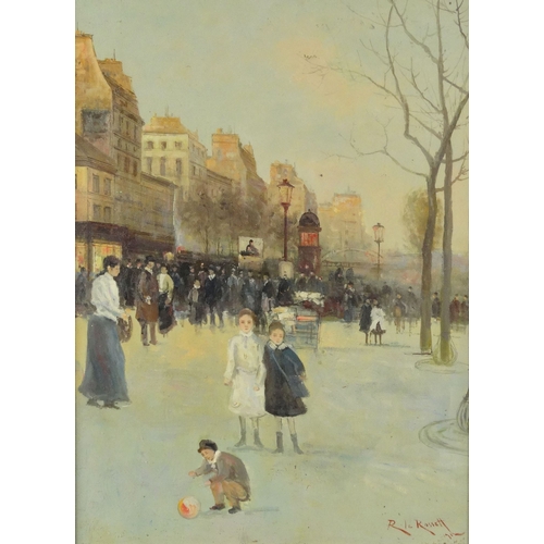 18 - French Impressionist oil onto canvas of figures on a busy street, bearing a signature R. Rossett?, f... 
