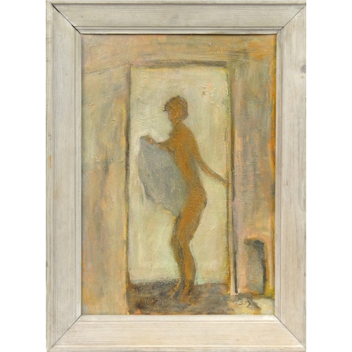 20 - Two oil onto board views of nude ladies standing in doorways, both bearing a monogram B.D., the larg... 
