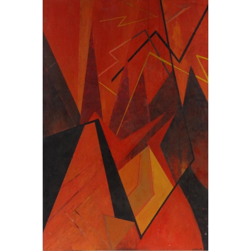 67 - D.F. Early - Oil onto board abstract composition titled 'Earthquake', label to the reverse, 92cm x 6... 