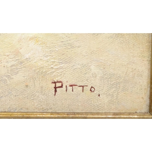 86 - Italian Impressionist oil onto board street scene, bearing a signature Pitto, gilt framed, 65cm x 49... 