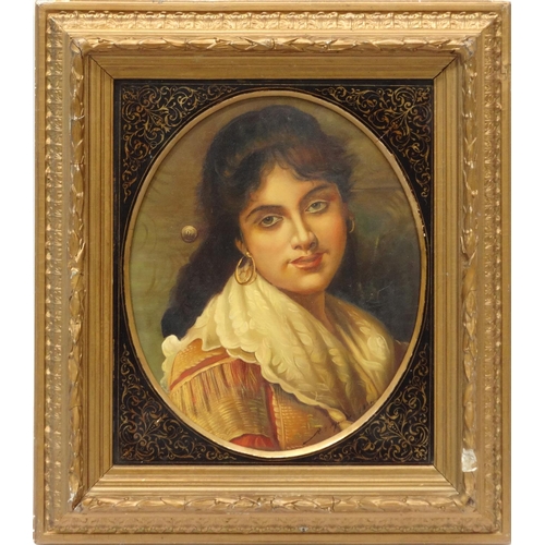 88 - Spanish School oil onto board portrait of a female, mounted and gilt framed, 40cm x 30cm excluding t... 