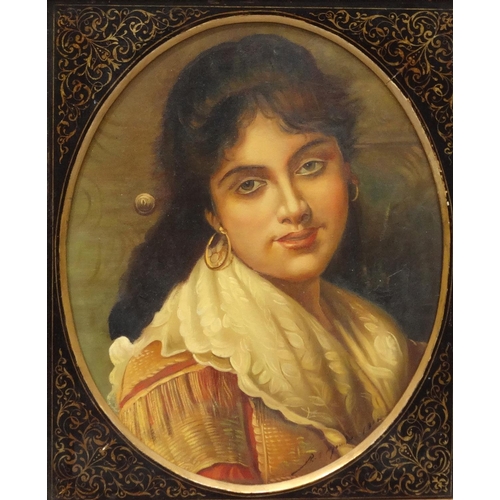 88 - Spanish School oil onto board portrait of a female, mounted and gilt framed, 40cm x 30cm excluding t... 