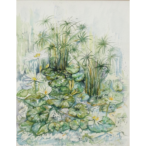 258 - Erica Just - Watercolour of lilypads and flowers, dated 1987, together with an Erica Just fabric sam... 