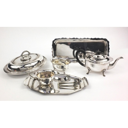 268 - Group of silver plated items including Hukin & Heath tray, entrée dish, teapot, etc