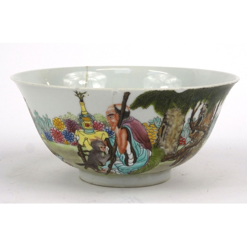 195 - Oriental Chinese porcelain bowl hand painted with children and figures, character mark to base, 17.5... 