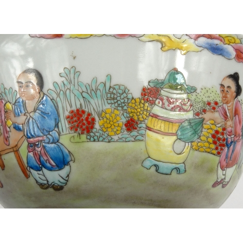 195 - Oriental Chinese porcelain bowl hand painted with children and figures, character mark to base, 17.5... 