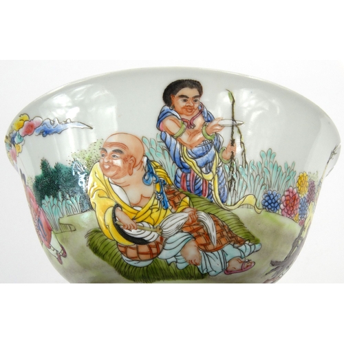 195 - Oriental Chinese porcelain bowl hand painted with children and figures, character mark to base, 17.5... 