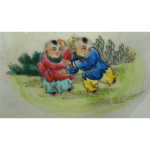 195 - Oriental Chinese porcelain bowl hand painted with children and figures, character mark to base, 17.5... 