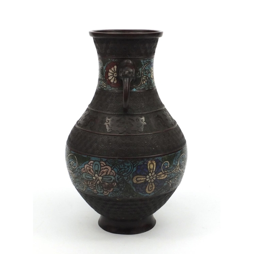 197 - Oriental Japanese cloisonné vase decorated with flowers and elephant handles, 30cm high