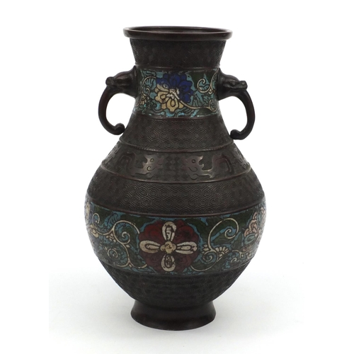 197 - Oriental Japanese cloisonné vase decorated with flowers and elephant handles, 30cm high