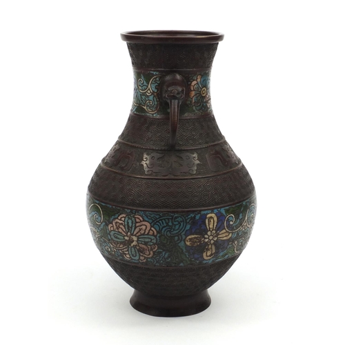 197 - Oriental Japanese cloisonné vase decorated with flowers and elephant handles, 30cm high