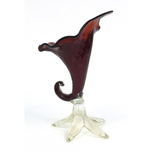 152 - Clear and red glass cornucopia shaped vase, 26cm high