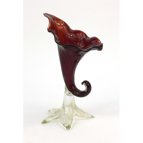 152 - Clear and red glass cornucopia shaped vase, 26cm high