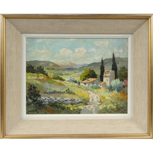 141 - Andre Jourcin - Oil onto canvas titled 'View across the valley', signed, contemporary mounted and fr... 