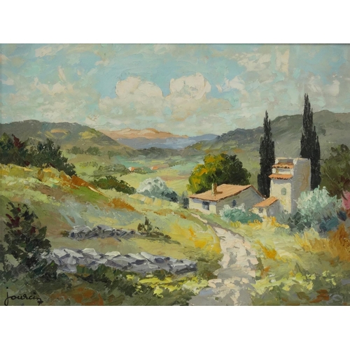 141 - Andre Jourcin - Oil onto canvas titled 'View across the valley', signed, contemporary mounted and fr... 
