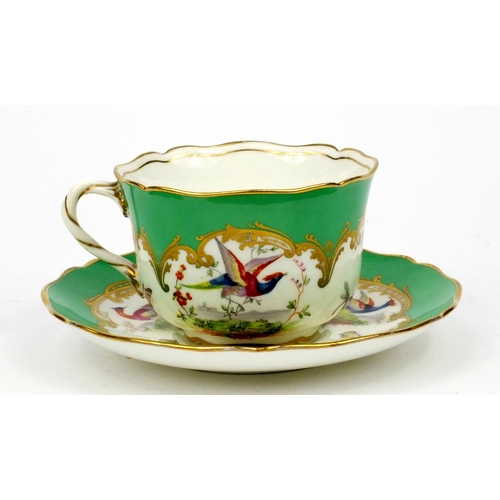146 - Royal Doulton pottery teapot, milk, sugar, cup and saucer decorated with colourful birds, the teapot... 