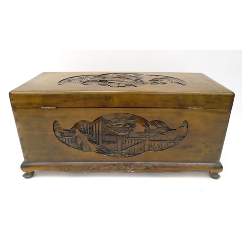 40 - Chinese carved camphor wood chest, 40cm high x 87cm wide x 40cm deep