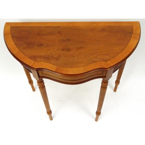 36 - Inlaid yew wood demi lune hall table with frieze drawer, 65cm high x 85cm wide x 42cm deep