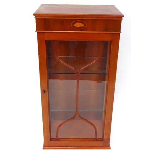 38 - Inlaid yew wood display cabinet fitted with two glass shelves, 83cm high x 43cm wide x 30cm deep