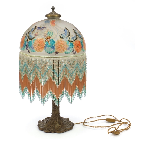 56 - 1920s style table lamp with hand painted glass shade and beaded drops, with naturalistic base, 67cm ... 