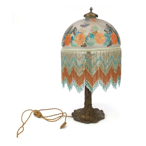 56 - 1920s style table lamp with hand painted glass shade and beaded drops, with naturalistic base, 67cm ... 