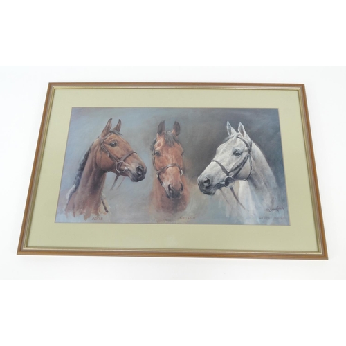42 - Print of Arkle, Red Rum and Desert Orchid by S.L. Crawford, mounted and framed, 63cm x 35cm