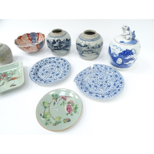 187 - Box of assorted oriental china including blue and white ginger jar with dog of Foo knop, blue and wh... 