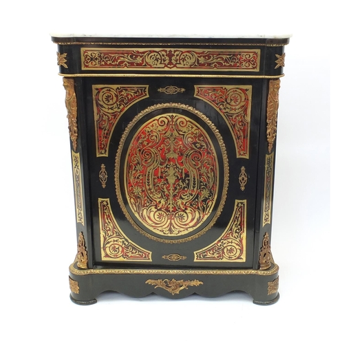 4 - Victorian ebony and boulle work side cabinet with tortoiseshell inlay, marble top and maiden brass m... 