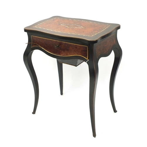 13 - French amboyna and ebony work table, with mother of pearl inlay, the lift up top revelling a mirror ... 