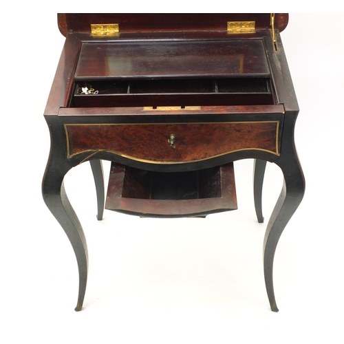 13 - French amboyna and ebony work table, with mother of pearl inlay, the lift up top revelling a mirror ... 