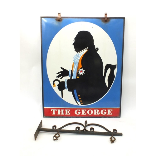 60 - Large wrought iron and enamelled sign advertising 'The George Public House', 115cm x 92cm