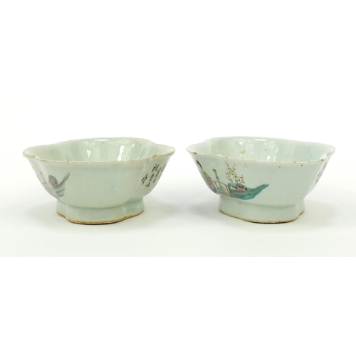 565 - Pair of oriental Chinese porcelain bowls hand painted with maidens and script to back, 19cm diameter