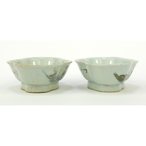 565 - Pair of oriental Chinese porcelain bowls hand painted with maidens and script to back, 19cm diameter