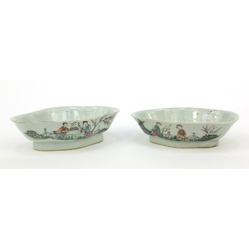 566 - Two oriental Chinese porcelain shaped dishes hand painted with maidens and script to back, the large... 