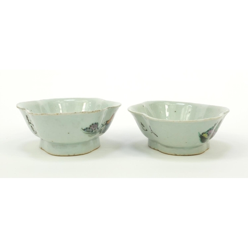 566 - Two oriental Chinese porcelain shaped dishes hand painted with maidens and script to back, the large... 